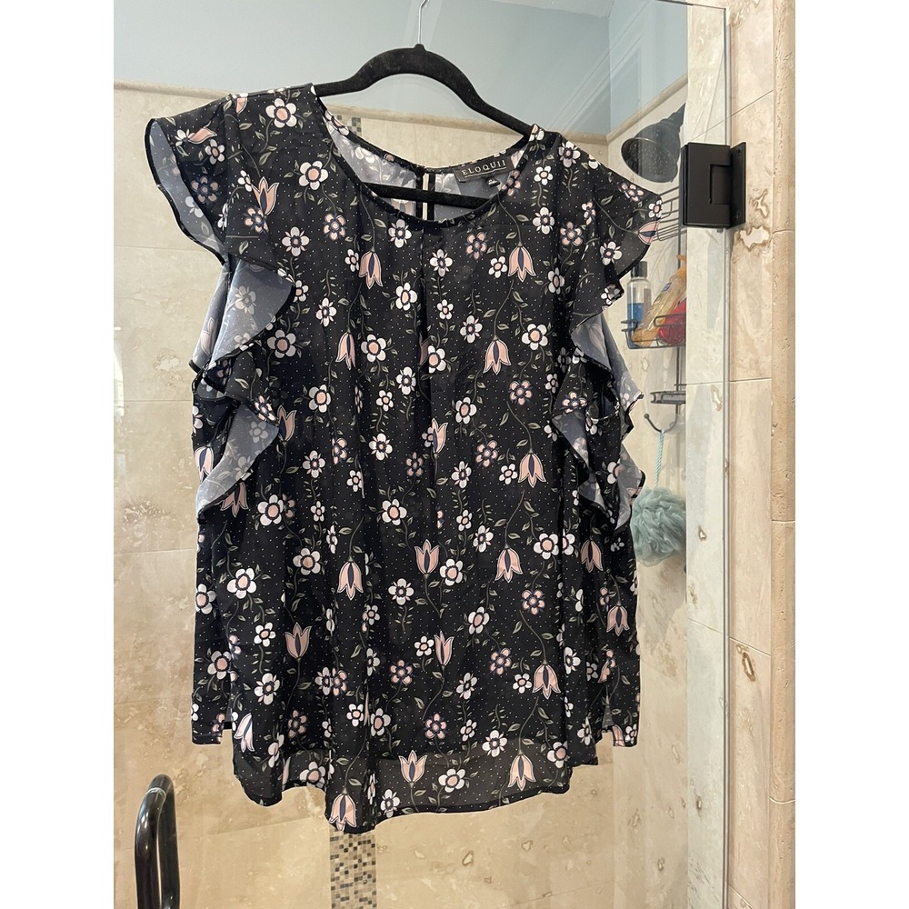 Eloquii Women's Size 22 Black Pink Floral Summer Flutter Sleeve Blouse Top